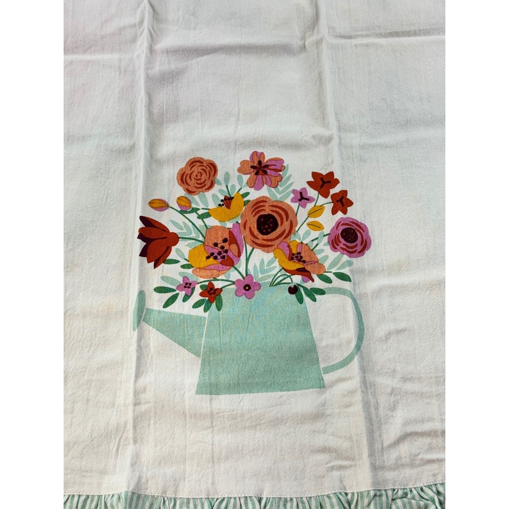 Twos Company Floral Tea Towels Set of 2 Cotton Ruffle Watering Can Pot White - Picture 9 of 9